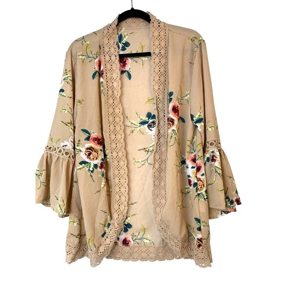 New Floral Beige Kimono Cardigan Lace Trim & 3/4 Bell Sleeves M RC10148 Open - Picture 5 of 10